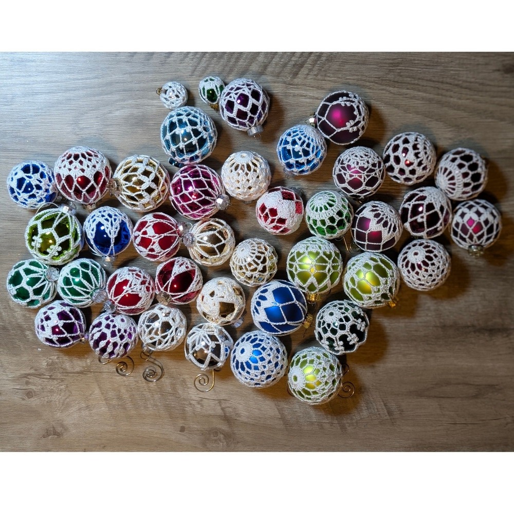 Vtg Lot of 40 Crochet Covered Glass Balls Christmas Ornaments Rauch, UT, G&D
